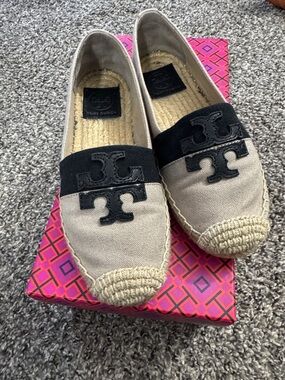 Tory Burch Beige Canvas Espadrilles with Black Logo Strap